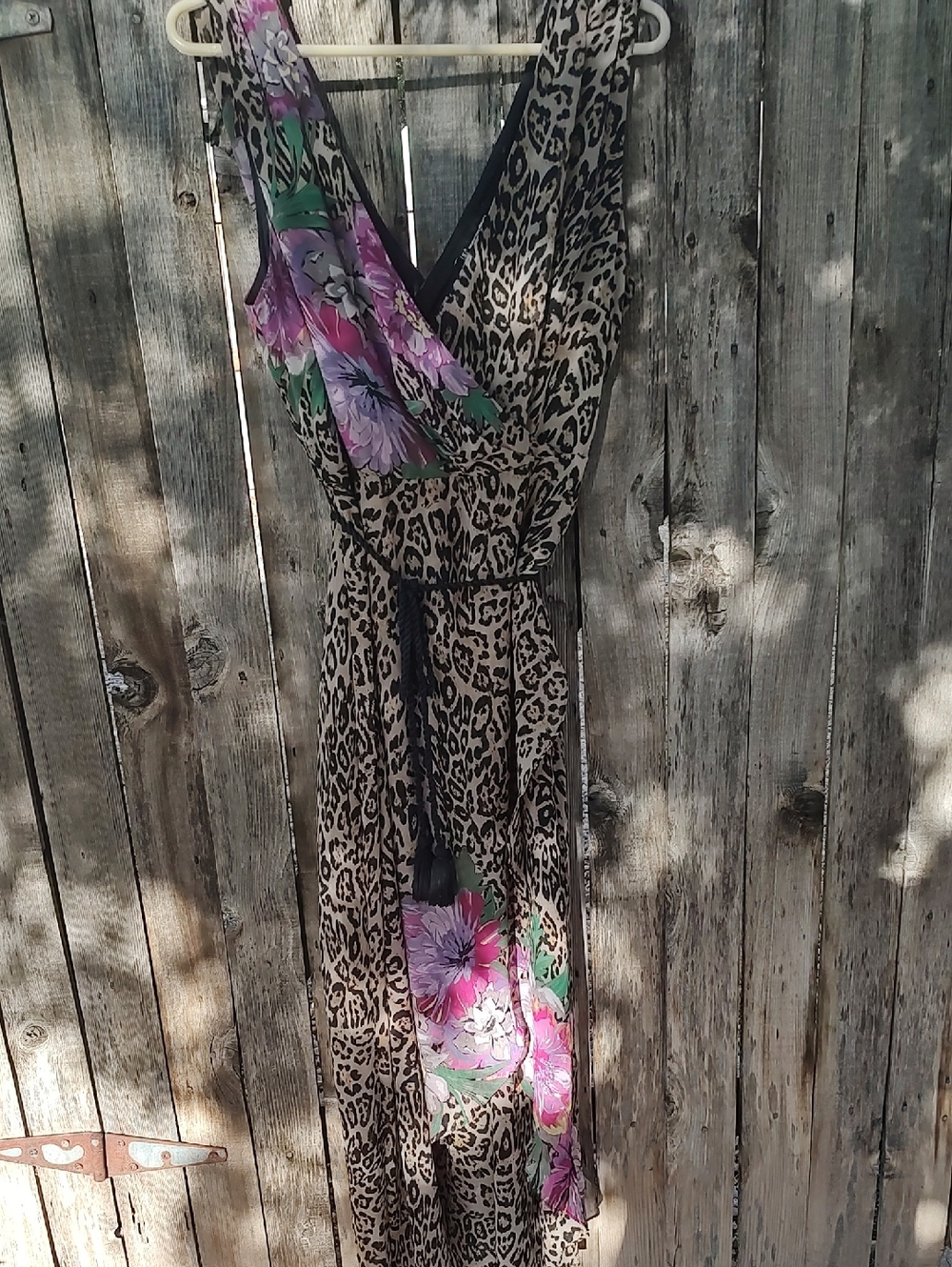 INC Leopard Print Floral Maxi Dress - Black and Tan with Pink Accents